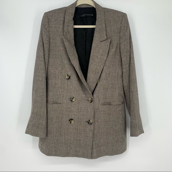 Zara Brown Checked Micro Plaid Double Breasted Overszied Blazer Size M - Picture 7 of 10